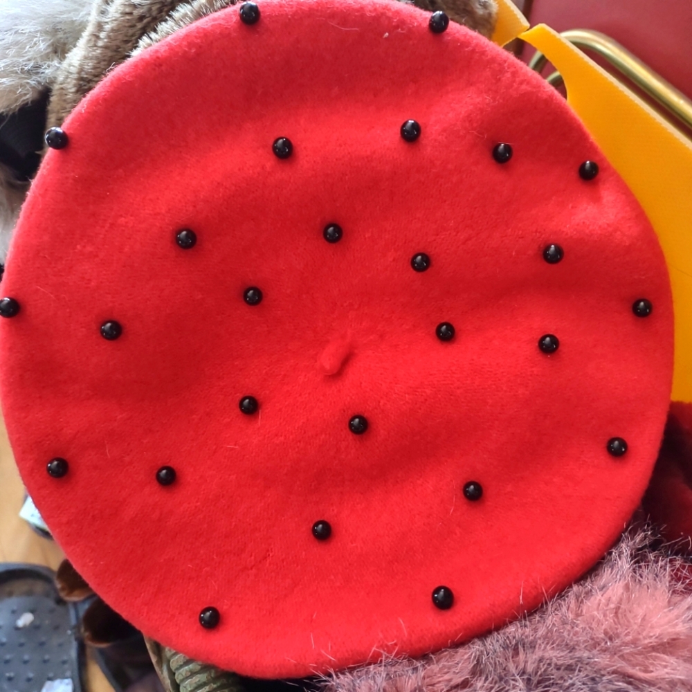 Vintage Red beret with tacked on buttons